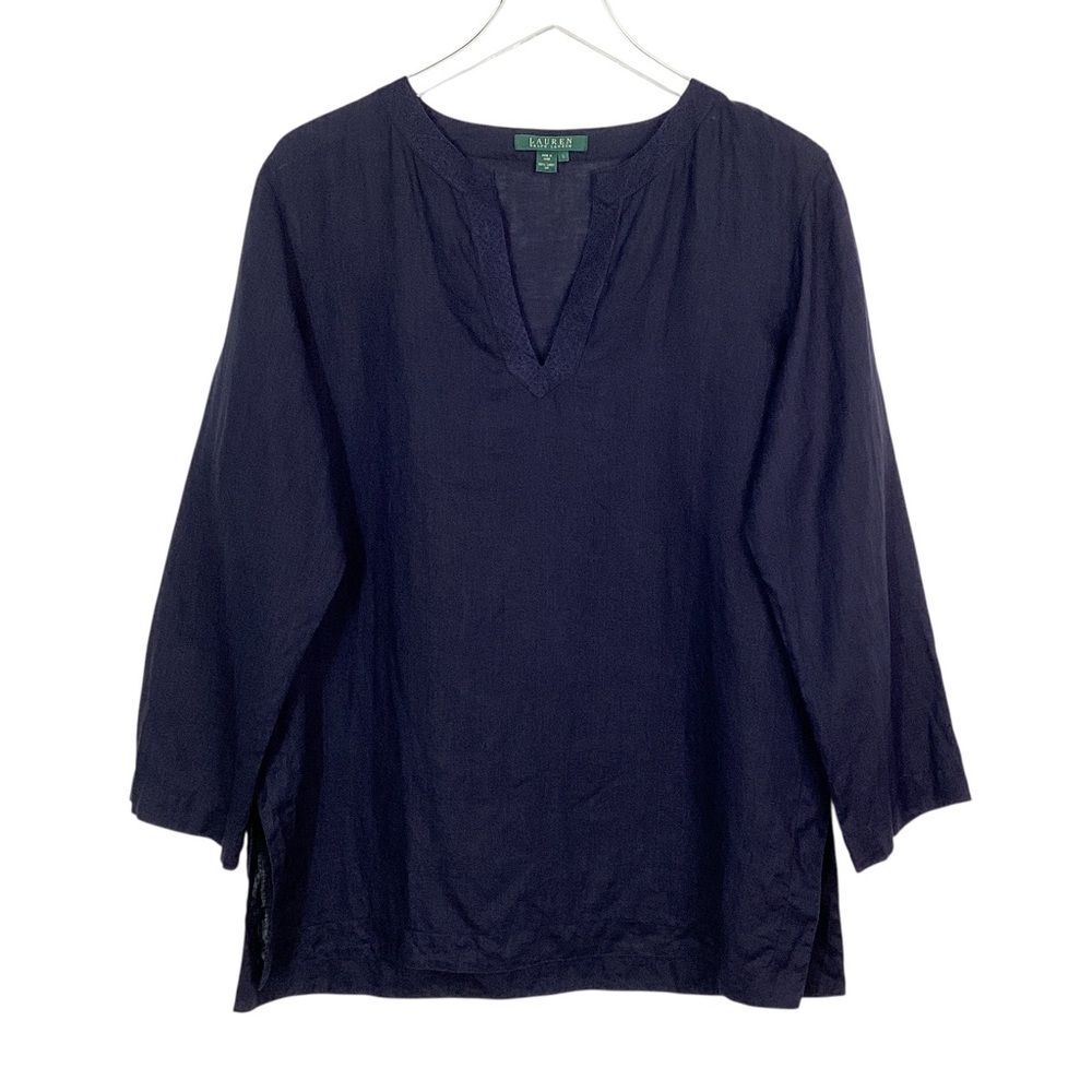 Lauren Ralph Lauren 100% Linen Tunic L Navy V Neck Beach Coastal Blouse
